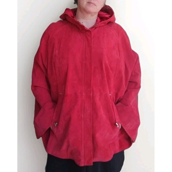 Red Suede Washable Full Zip Poncho / Cape W Pockets Drawstring & Hood One Size - Picture 7 of 15
